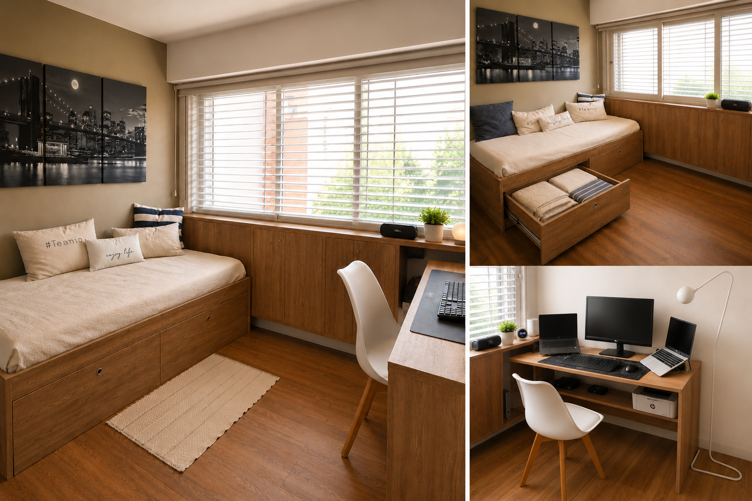 Mueble multifunción bajo ventana con escritorio y cama con situación de guardado. Muebles a medida